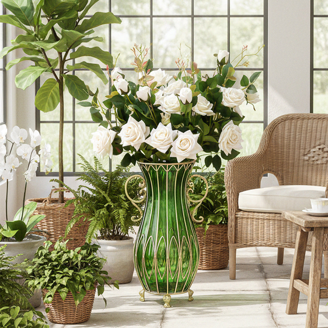 SOGA 51cm Green Glass Tall Floor Vase with 12pcs White Artificial Fake Flower Set