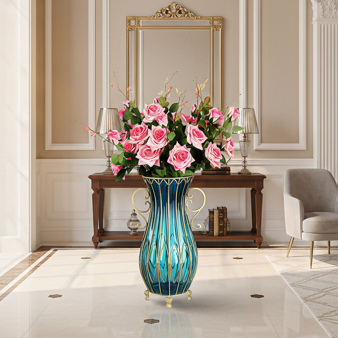 SOGA 51cm Blue Glass Tall Floor Vase with 12pcs Pink Artificial Fake Flower Set