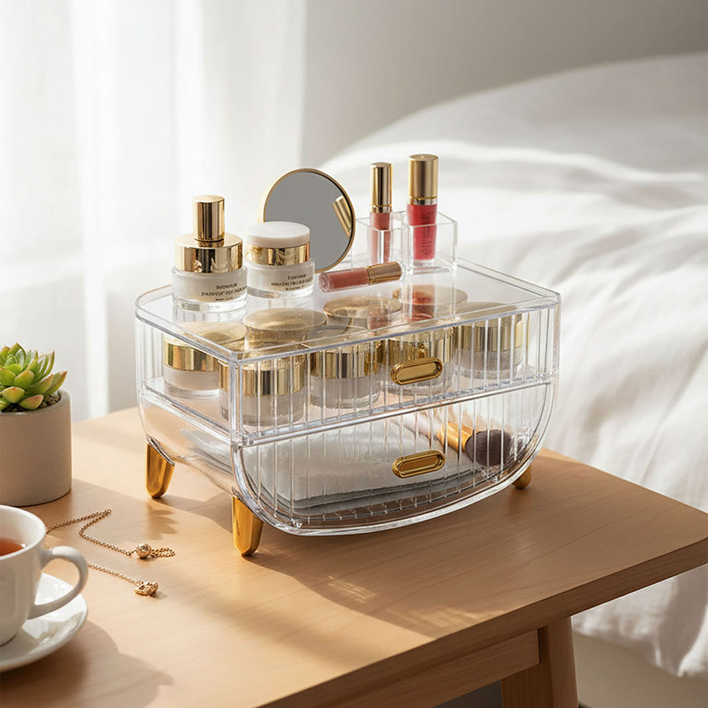 SOGA 2 Tier Transparent Multifunctional Countertop Cosmetic Storage Makeup Skincare Holder Jewelry Cabinet Bathroom Desk Drawer Vanity Organiser