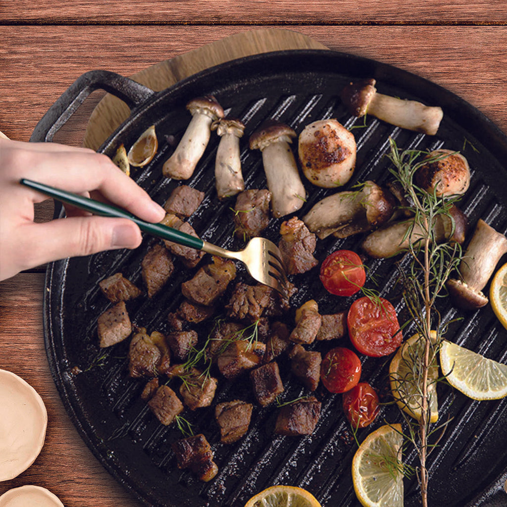 SOGA 28cm Ribbed Cast Iron Frying Pan Skillet Coating Steak Sizzle Platter