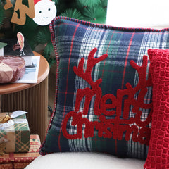 SOGA 45cm Throw Pillow Multicolor Christmas Plaid with Antler Design for Festive Holiday Square Cushion Home Decor