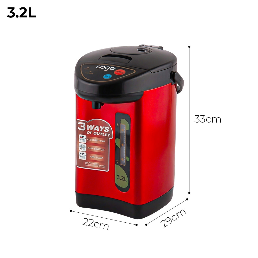 SOGA 3.2L Red Stainless Steel Electric Thermal Pot Dispenser with 3 Dispensing Modes