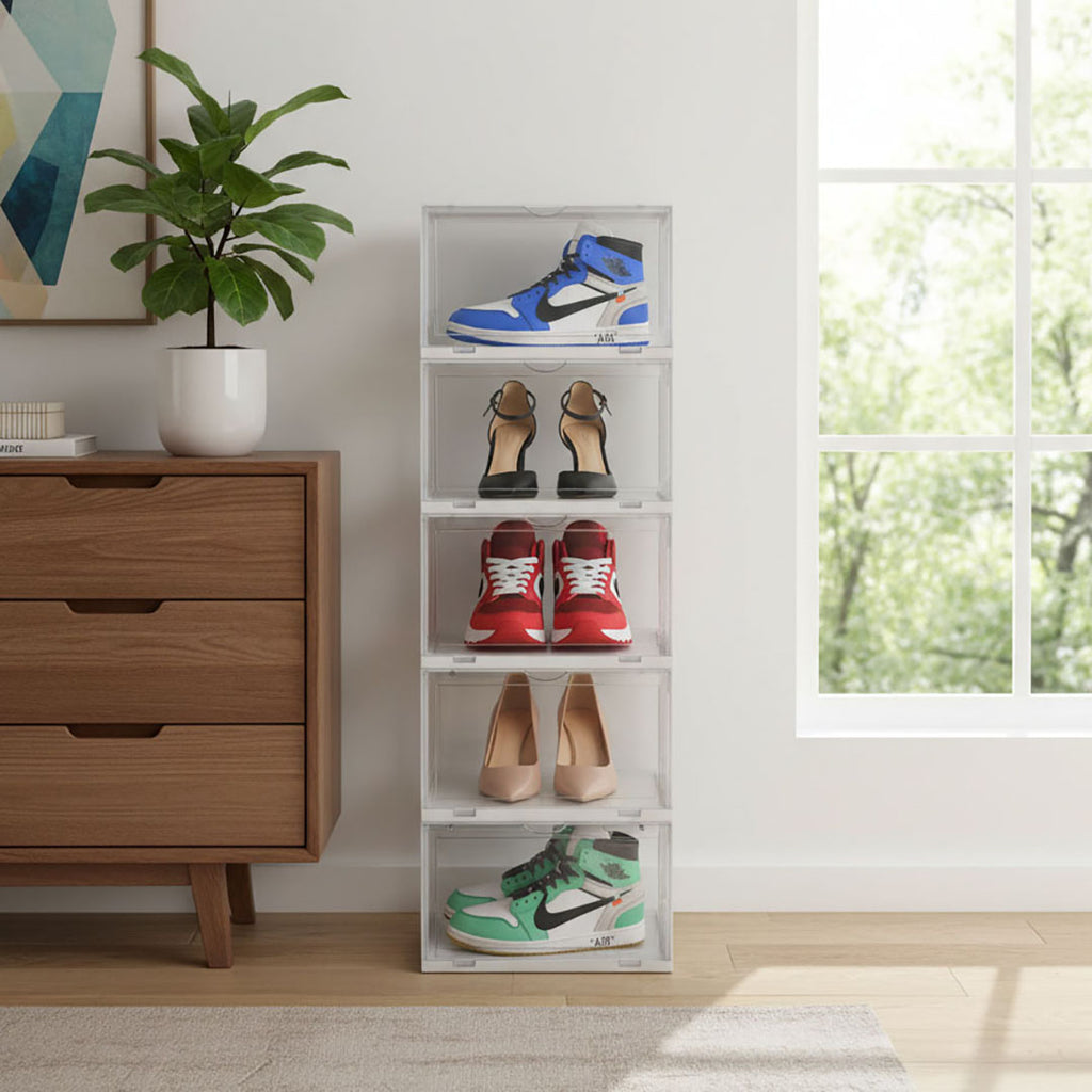 SOGA 2X 5 Tier Transparent Portable Shoe Organiser Sneaker Footwear Folding Plastic Bin Stackable Storage Box with Magnetic Door