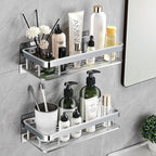 SOGA 2X Silver Wall-Mounted Rectangular Bathroom Storage Organiser Space Saving Adhesive Shelf Rack