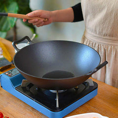 SOGA 2X 32cm Commercial Cast Iron Wok FryPan with Wooden Lid Fry Pan