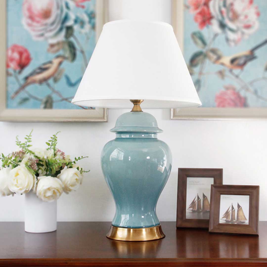 SOGA Oval Ceramic Table Lamp with Gold Metal Base Desk Lamp Blue
