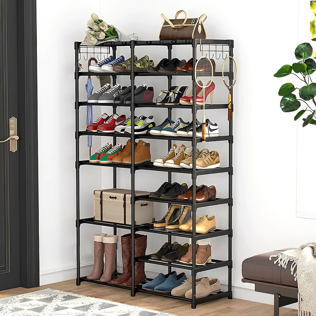 SOGA 2X 16-Shelf Tier Shoe Storage Shelf Space-Saving Caddy Rack Organiser with Side Hooks Black