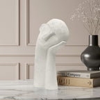 SOGA 38cm White Minimalist Head Resin Sculpture with Hand at Side and Linear Texture