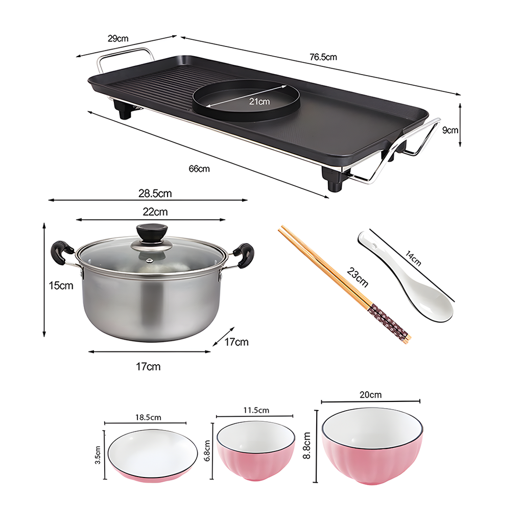 SOGA Kitchenware Bundle – Electric Steamboat Hot Pot, Pink Ceramic Dinnerware & Silver Grilling Plate