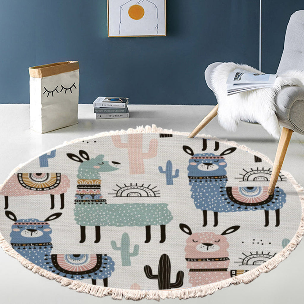 SOGA 2X 120cm Alpaca Cactus Pattern Rug Desert Animals Non-Slip Round Area Rugs for Living Room Dining Room