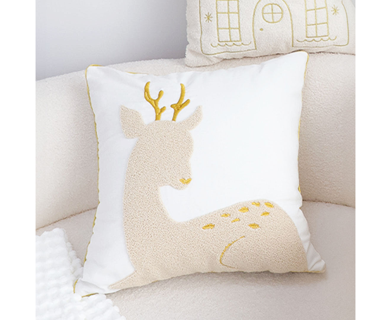 SOGA 45cm Whimsical Beige Reindeer Applique Gold Accent Throw Pillow