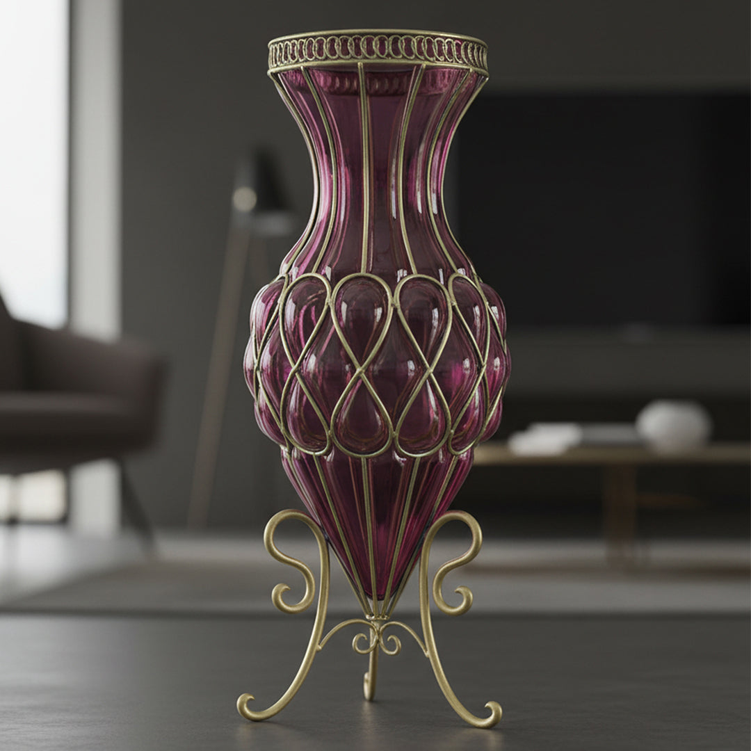 SOGA 67cm Purple Glass Tall Floor Vase with Metal Flower Stand