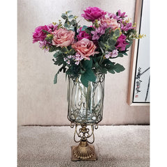 SOGA European Clear Glass Cylinder Flower Vase Solid Base with Gold Metal Pattern
