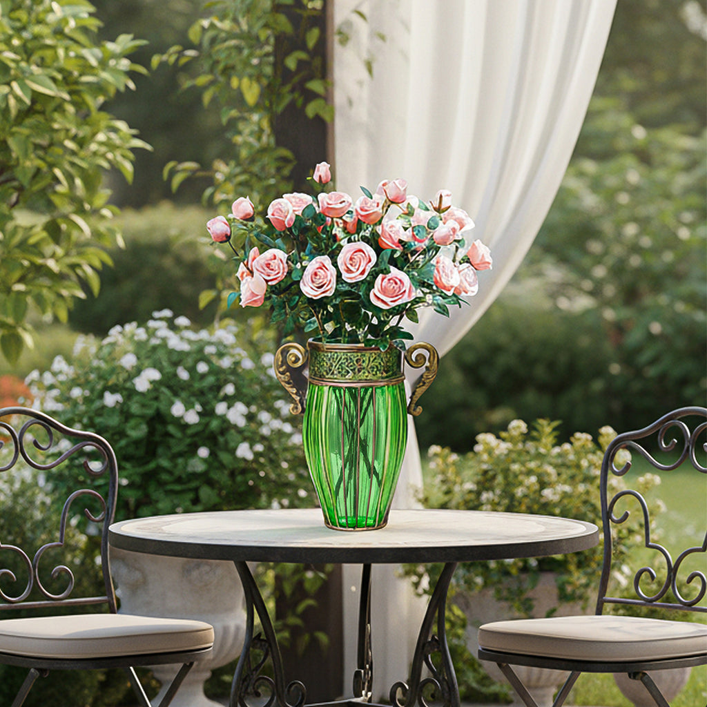 SOGA Green Glass Flower Vase with 8 Bunch 5 Heads Artificial Fake Silk Rose Home Decor Set
