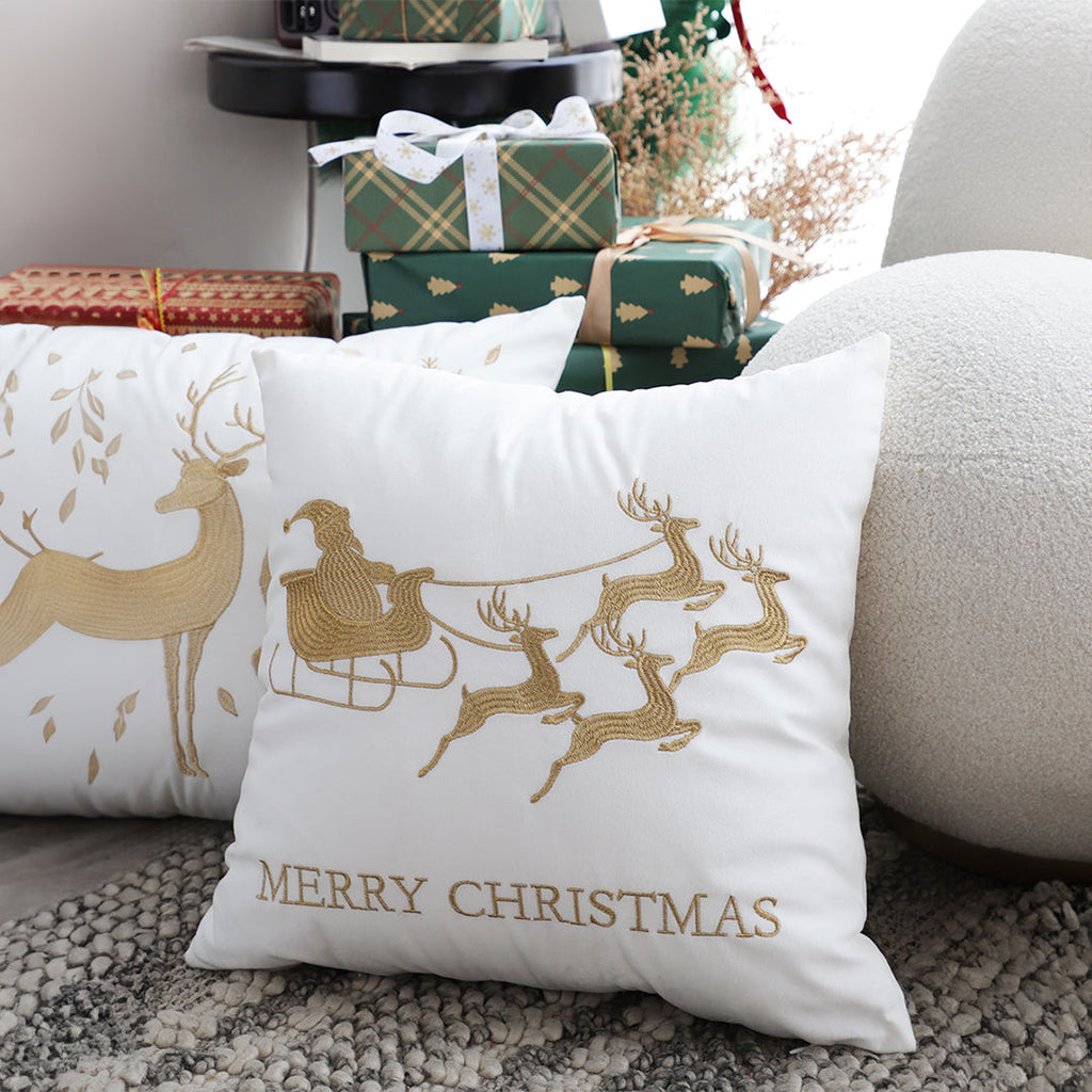 SOGA 2X 45cm Throw Pillow White with Golden Christmas Sleigh Design Festive Holiday Square Cushion Decor
