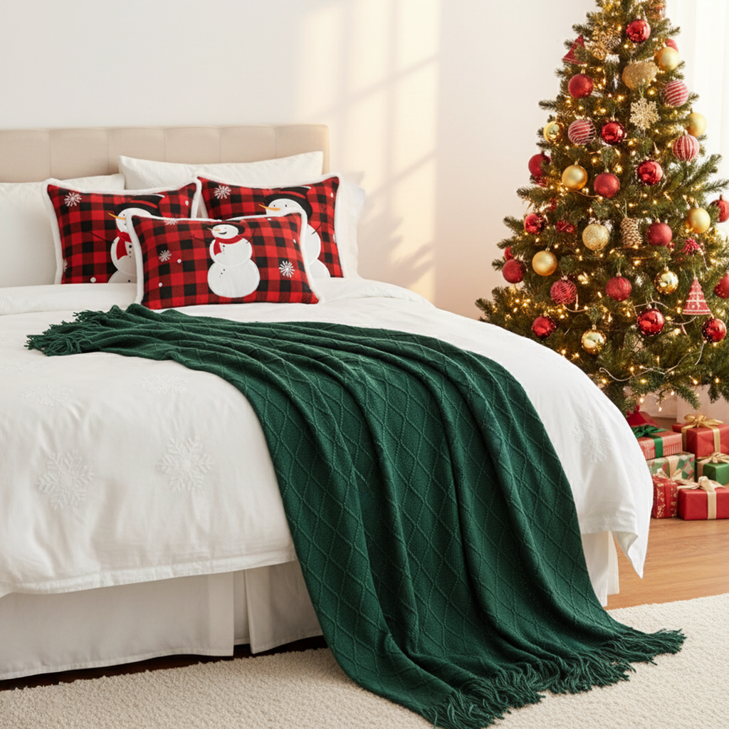 SOGA Christmas Bundle – Red Snowman Pillows & Green Diamond Knitted Throw Blanket $ 218