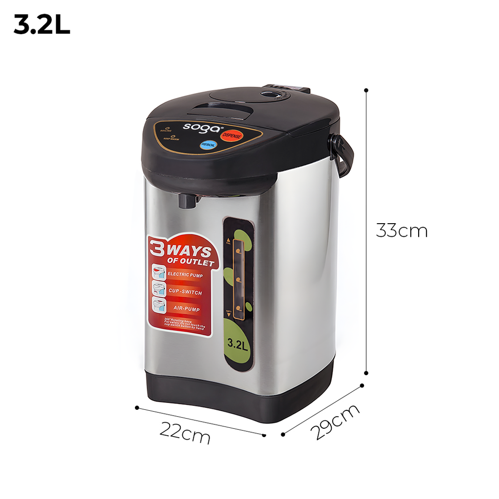 SOGA 3.2L Silver Stainless Steel Electric Thermal Pot Dispenser with 3 Dispensing Modes
