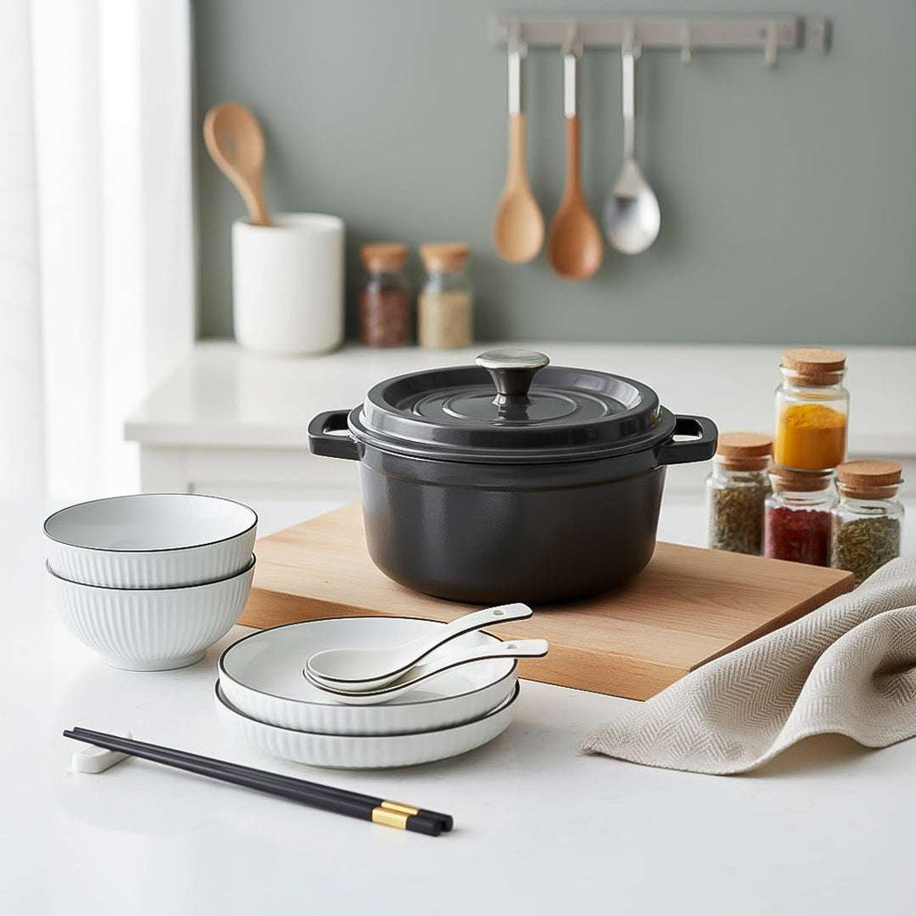 SOGA Kitchenware Bundle – White Japanese Ceramic Dinnerware Set & Black Cast Iron Stewpot $ 140