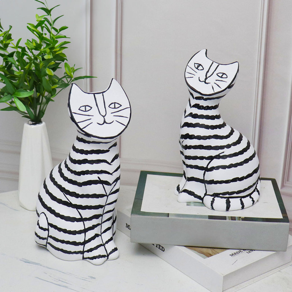 SOGA 22cm and 27cm Black & White Striped Cat Resin Sculptures