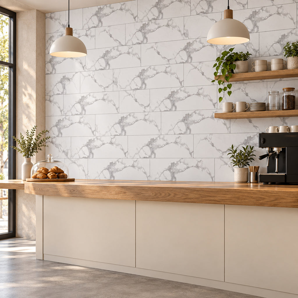 SOGA Peel & Stick Floor and Wall Tiles 30 x 60cm 10 Pack White Grey Faux Marble