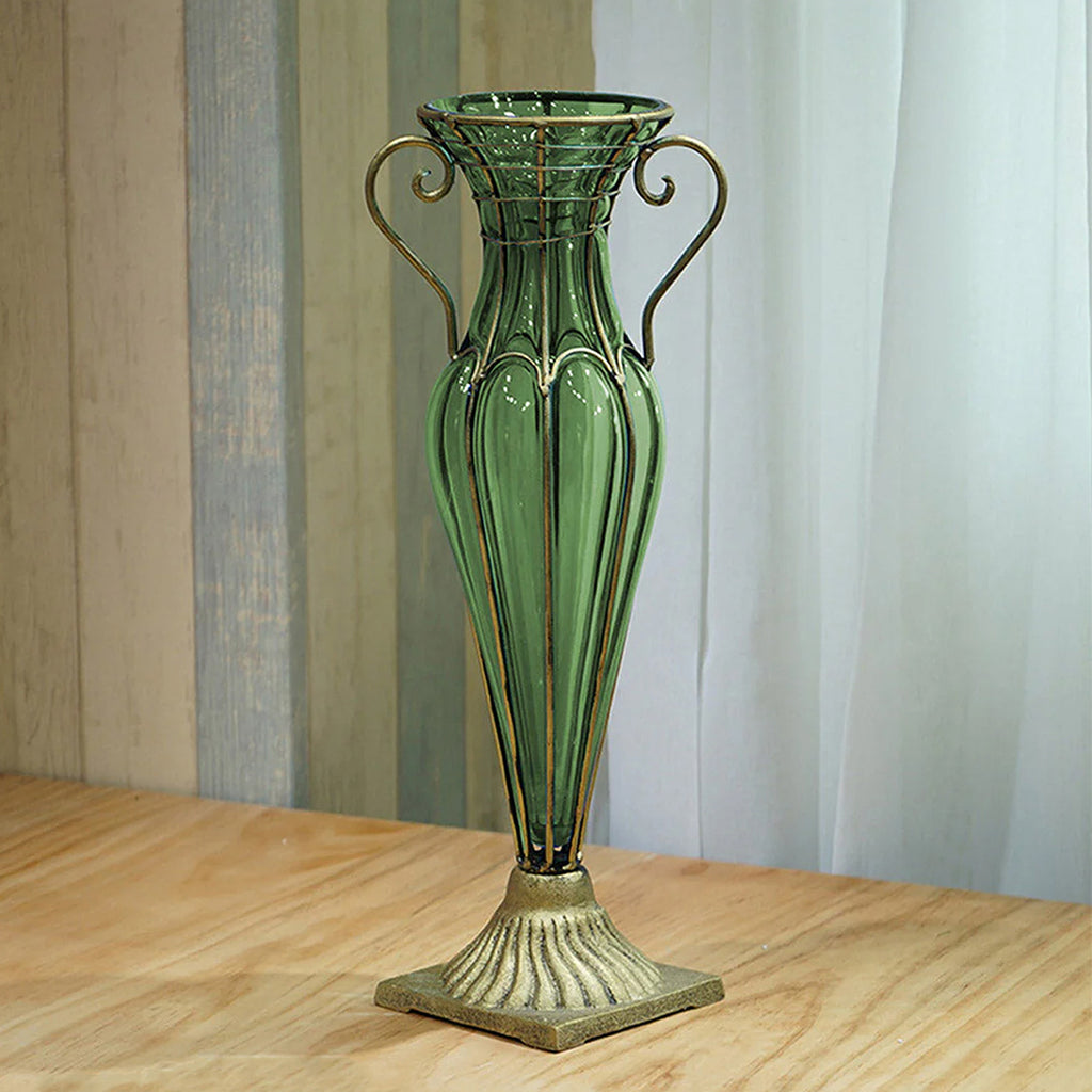 SOGA Green Colored European Glass Flower Vase Solid Base with Two Gold Metal Handle