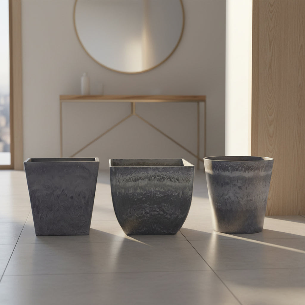 SOGA Home & Living Bundle – Weathered Grey Square & Round Resin Plant Pots for Indoor Decor