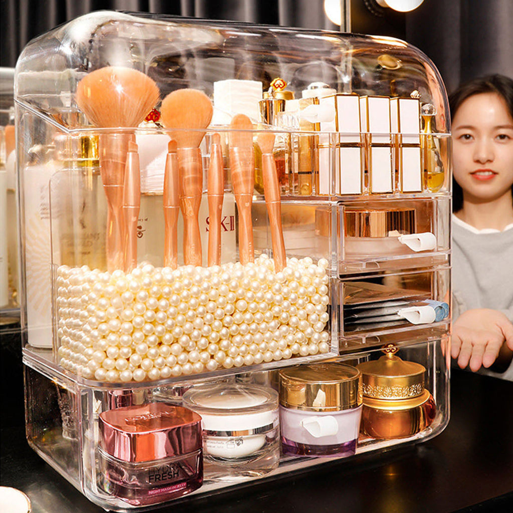 SOGA Transparent Cosmetic Storage with Pearls Skincare Holder and 20cm White Rechargeable LED Light Makeup Tabletop Mirror Set