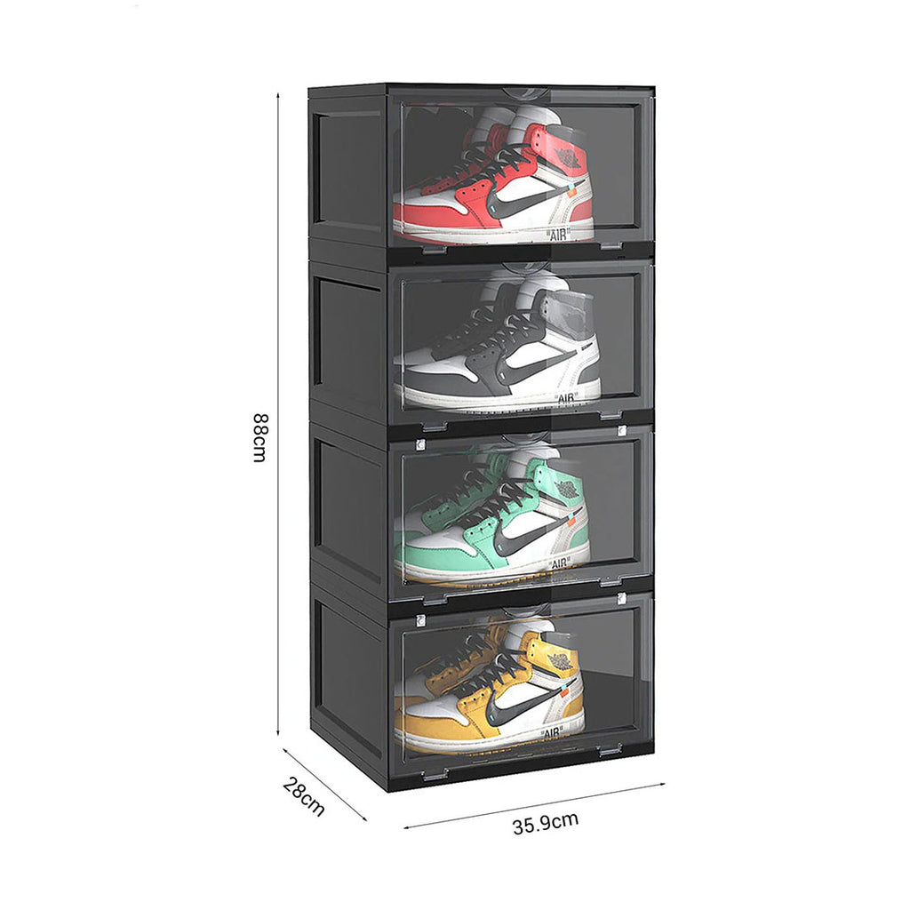 SOGA 4 Tier Black Portable Shoe Organiser Sneaker Footwear Folding Plastic Bin Stackable Storage Box with Magnetic Door