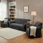 SOGA Home & Living Bundle – 2 Dark Grey 1-Seater & 3-Seater Sofa Covers with Ruffled Skirt