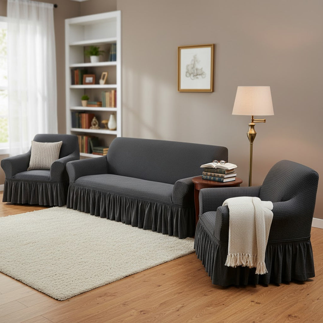 SOGA Home & Living Bundle – 2 Dark Grey 1-Seater & 3-Seater Sofa Covers with Ruffled Skirt