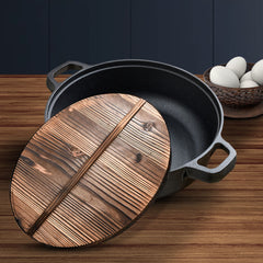 SOGA 35cm Round Cast Iron Pre-seasoned Deep Baking Pizza Frying Pan Skillet with Wooden Lid