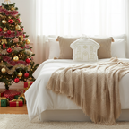SOGA Christmas Bundle – 2 Khaki Wabi-Sabi & White Christmas House Pillows with Beige Knitted Throw $ 257