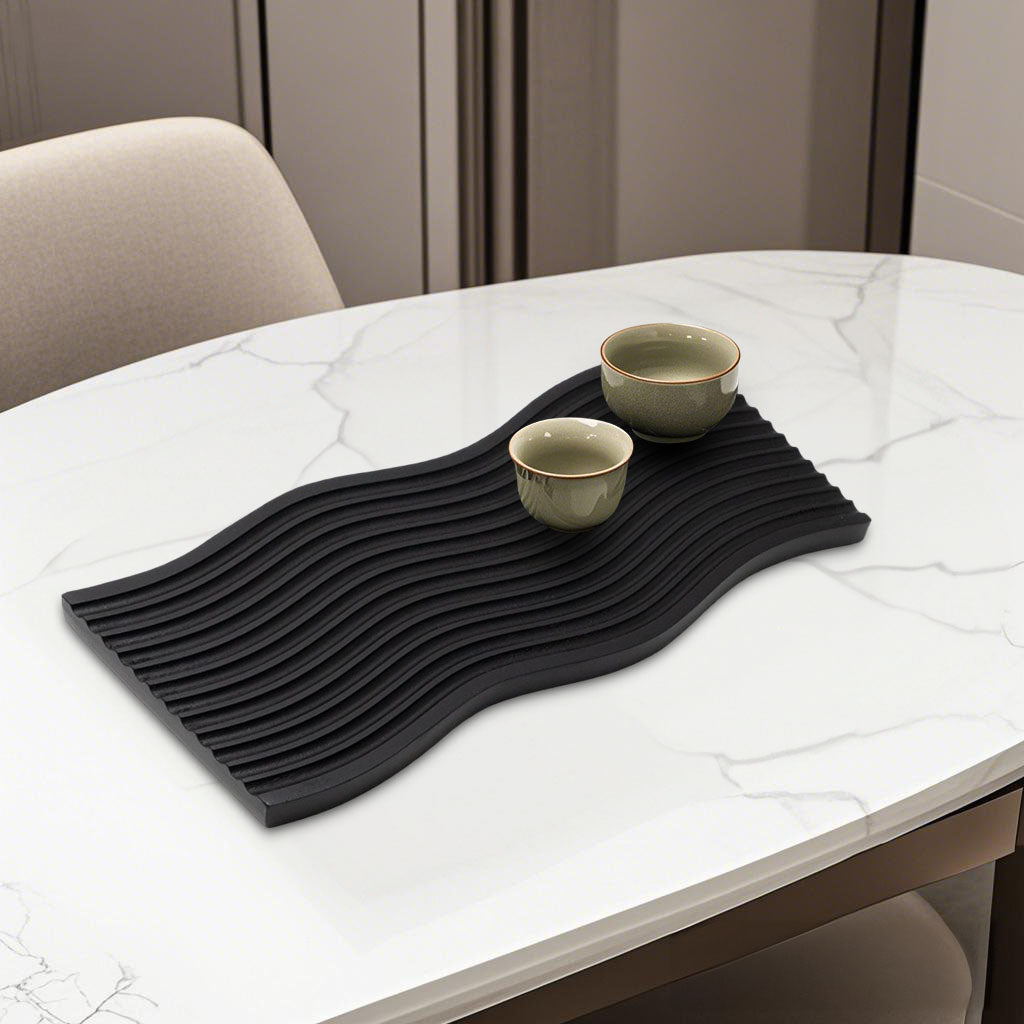 SOGA 39cm Black Wave Ribbed Wooden  - Premium Beech Wood Decorative Tray