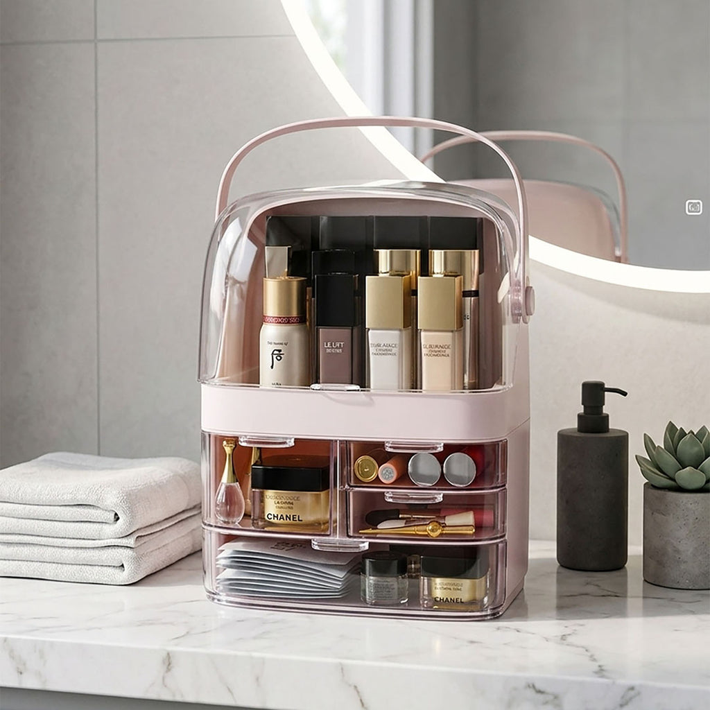 SOGA 3 Tier Pink Countertop Makeup Cosmetic Storage Organizer Skincare Holder Jewelry Storage Box with Handle