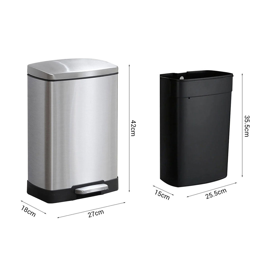 SOGA 2X Foot Pedal Stainless Steel Rubbish Recycling Garbage Waste Trash Bin Rectangular Shape 12L Silver