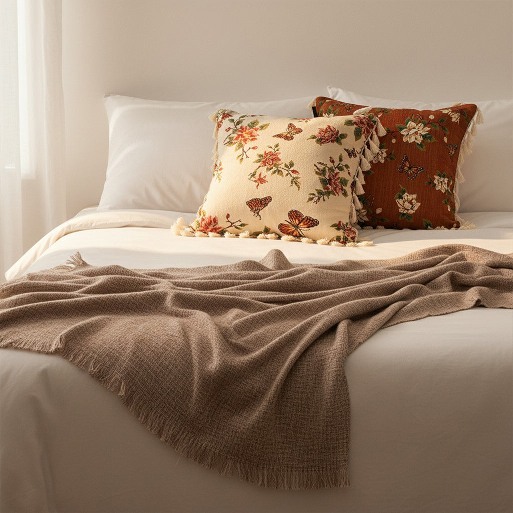 SOGA Home & Living Bundle – French Vintage Butterfly Tassel Pillows & Misty Beige Blanket