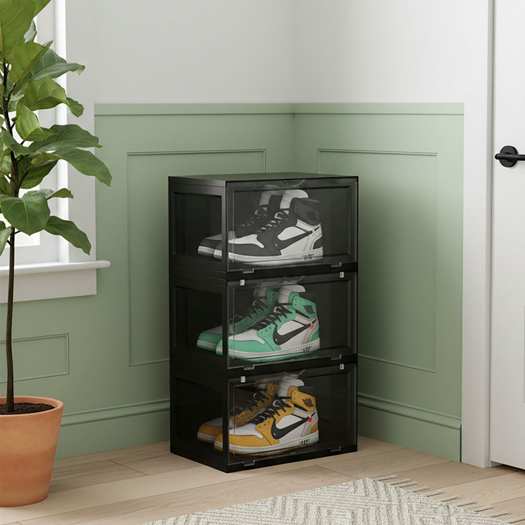 SOGA 3 Tier Black Portable Shoe Organiser Sneaker Footwear Folding Plastic Bin Stackable Storage Box with Magnetic Door
