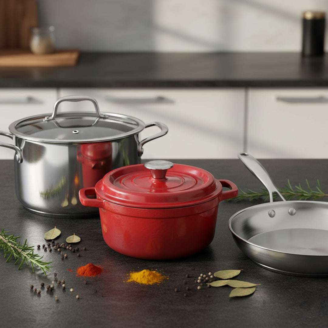 SOGA Kitchenware Bundle – Red Enamel Stewpot, Stainless Steel Fry Pan & Soup Stockpot $ 282