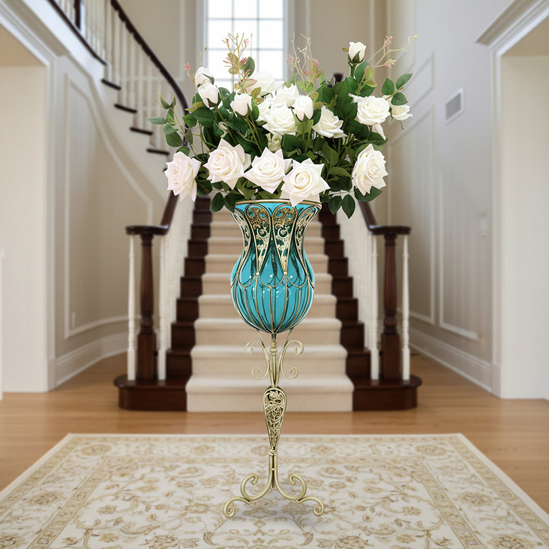 SOGA 85cm Blue Glass Tall Floor Vase and 12pcs White Artificial Fake Flower Set