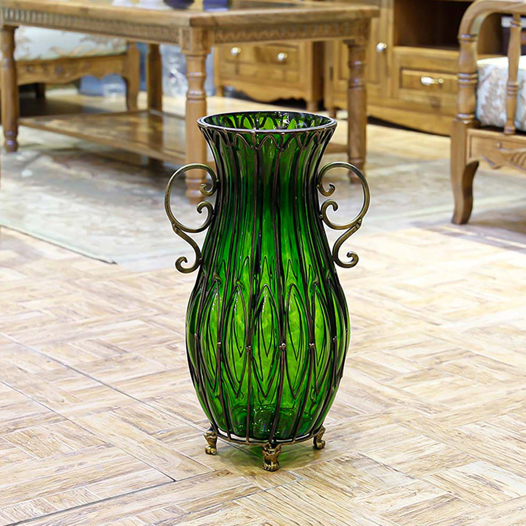 SOGA 51cm Green Glass Oval Floor Vase with Metal Flower Stand