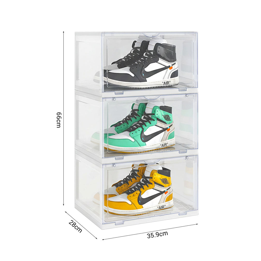 SOGA 3 Tier Transparent Portable Shoe Organiser Sneaker Footwear Folding Plastic Bin Stackable Storage Box with Magnetic Door