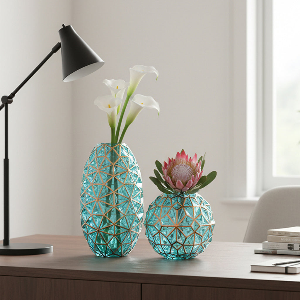 SOGA Green Colored Diamond Cut Glass Flower Vase Round Jar Home Decor with Gold Accent