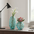 SOGA Green Colored Diamond Cut Glass Flower Vase Round Jar Home Decor with Gold Accent
