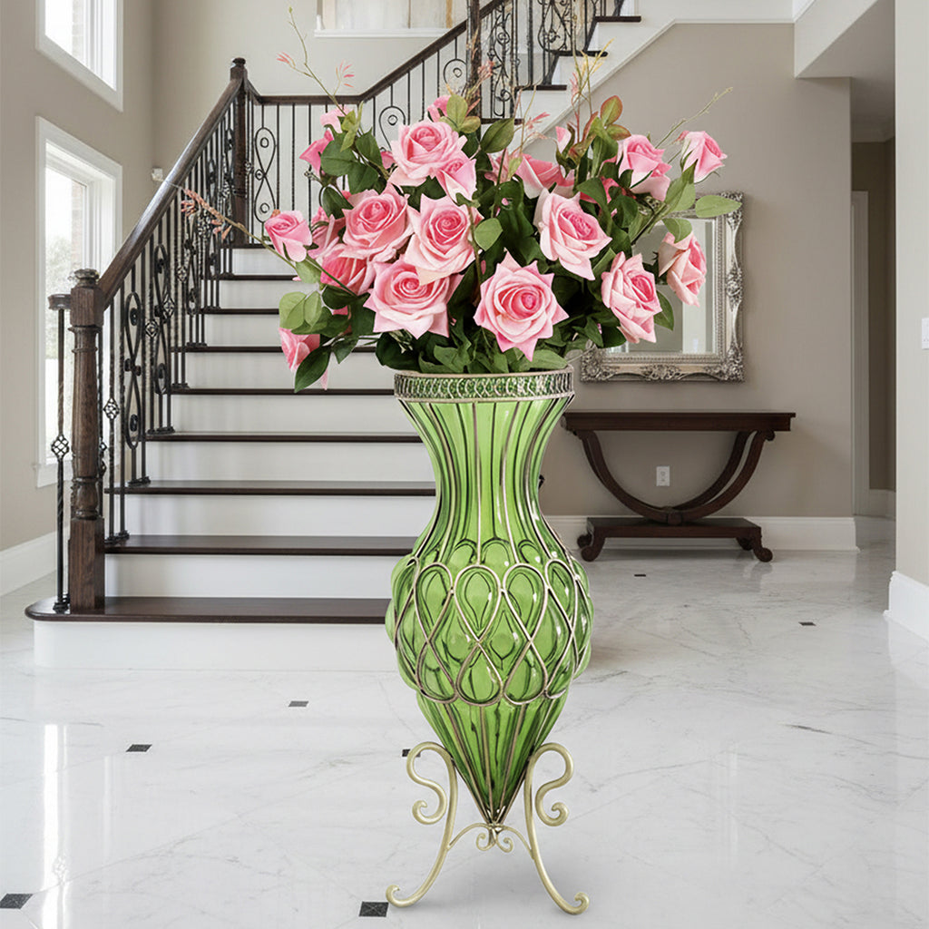 SOGA 67cm Green Glass Tall Floor Vase and 12pcs Pink Artificial Fake Flower Set