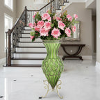 SOGA 67cm Green Glass Tall Floor Vase and 12pcs Pink Artificial Fake Flower Set