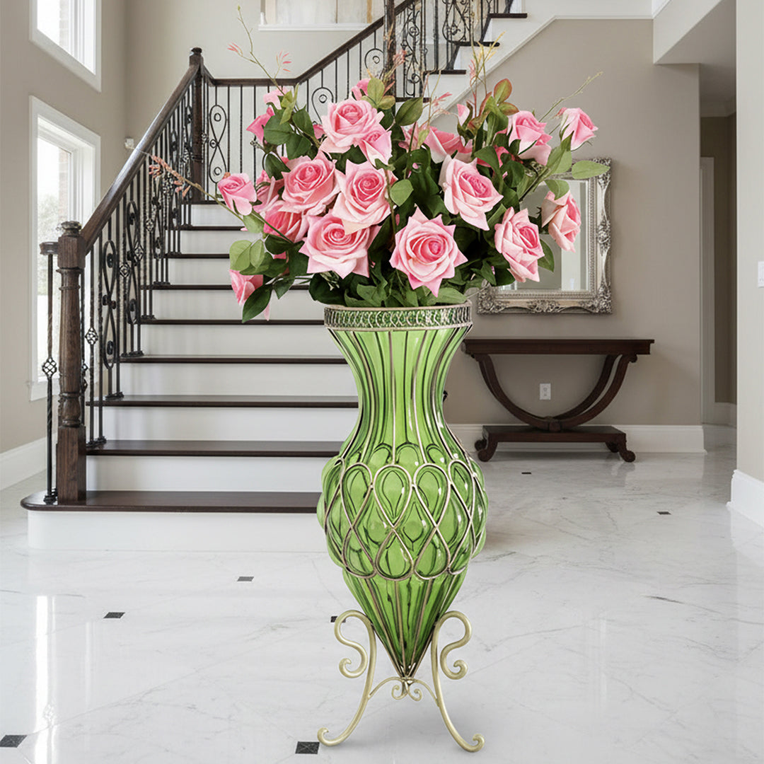 SOGA 67cm Green Glass Tall Floor Vase and 12pcs Pink Artificial Fake Flower Set