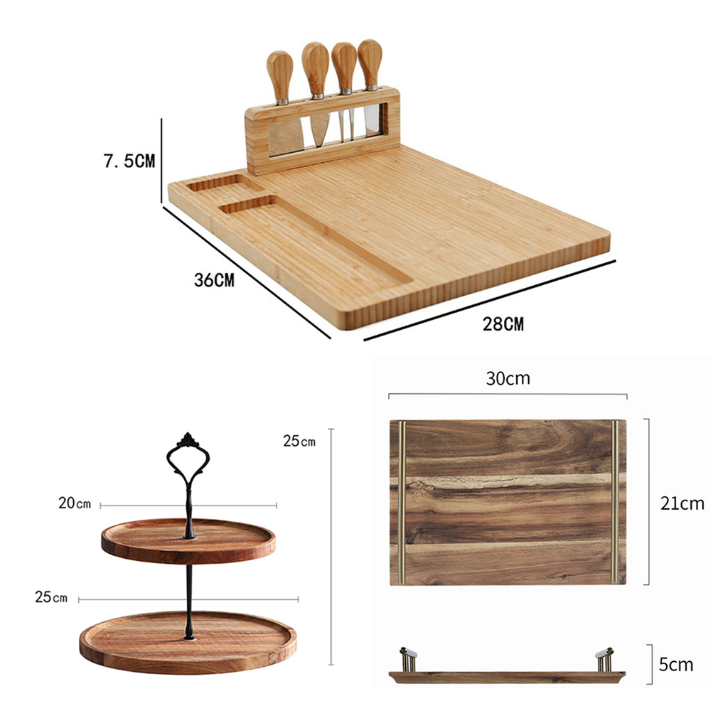 SOGA Kitchenware Bundle – Brown Acacia Cheese Board, 2-Tier Dessert Stand & Serving Tray