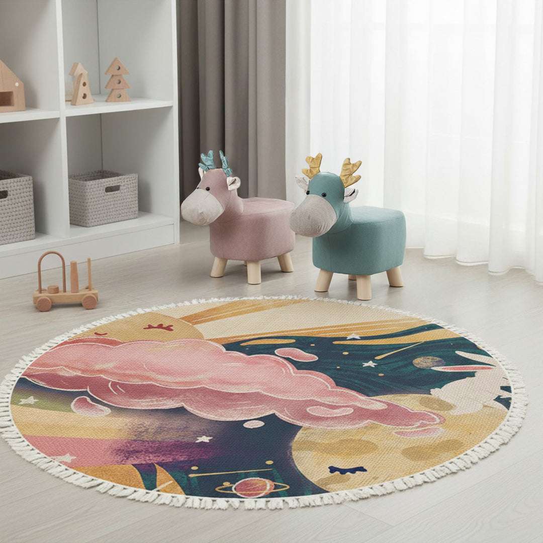 SOGA Home & Living Bundle – Pink & Green Deer Children’s Ottomans & Sky Clouds Round Rug $ 134