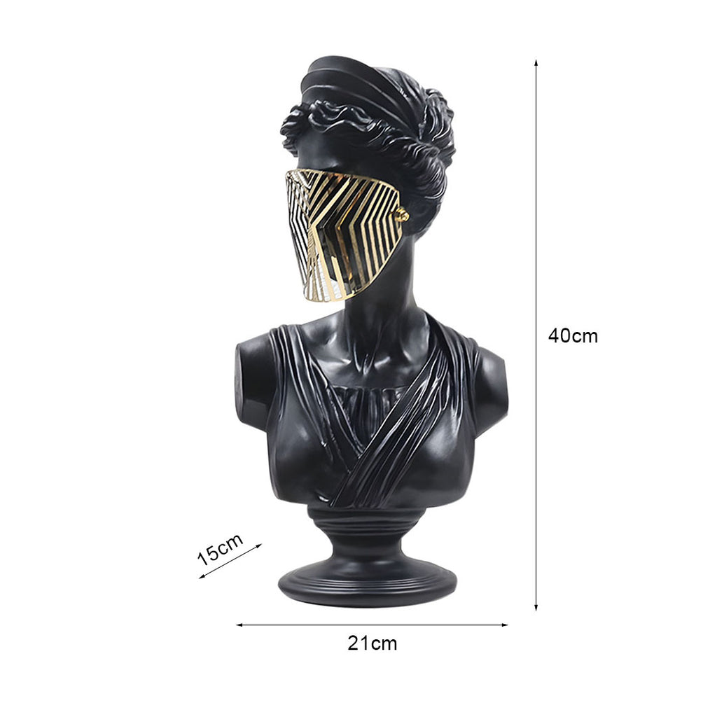 SOGA 40cm Black Resin Bust – Gold Striped Mask Home Sculpture