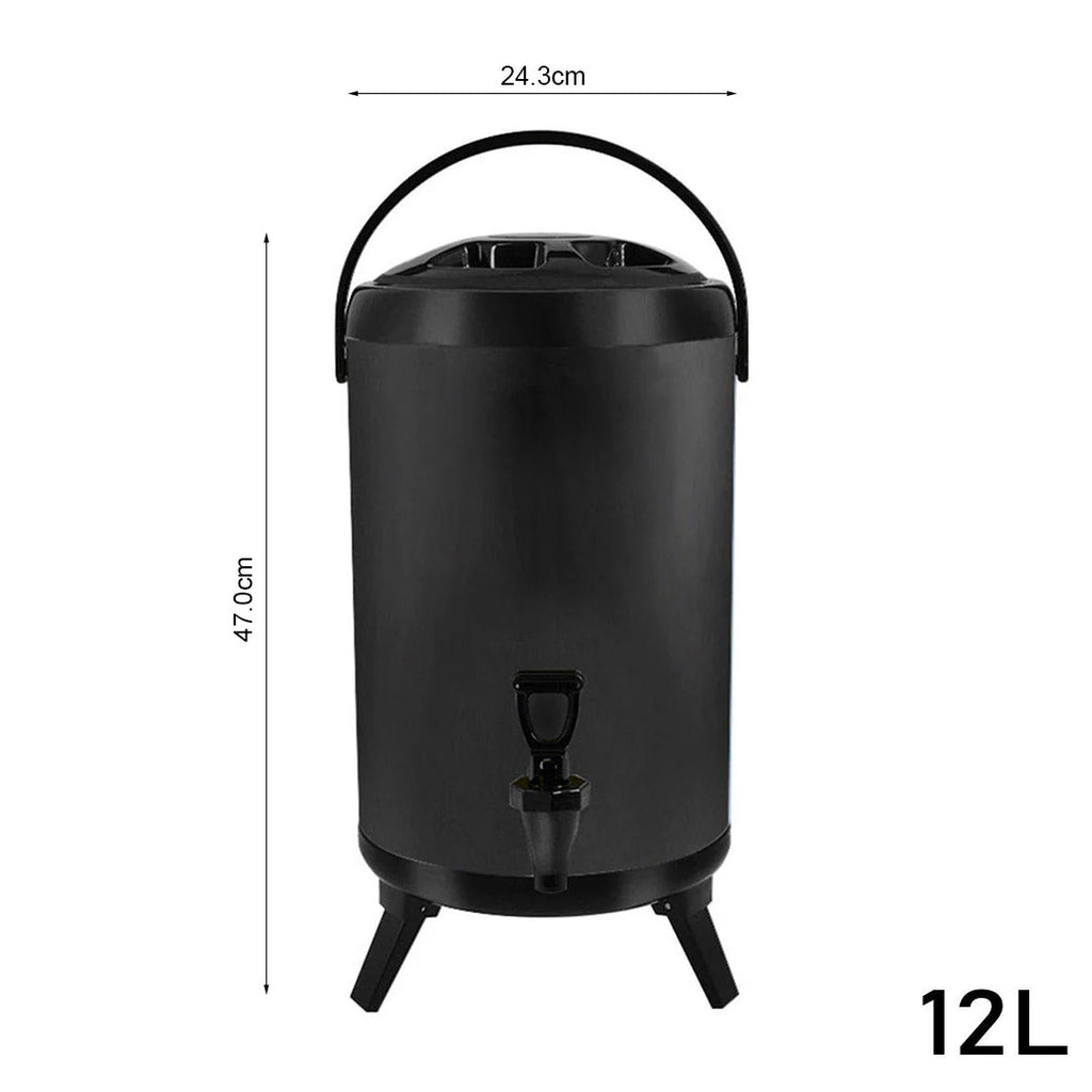 SOGA 8X 12L Stainless Steel Insulated Milk Tea Barrel Hot and Cold Beverage Dispenser Container with Faucet Black